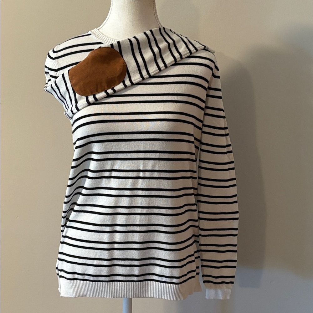 Black and White Striped Sweater with Brown Elbow Patches. Size Small